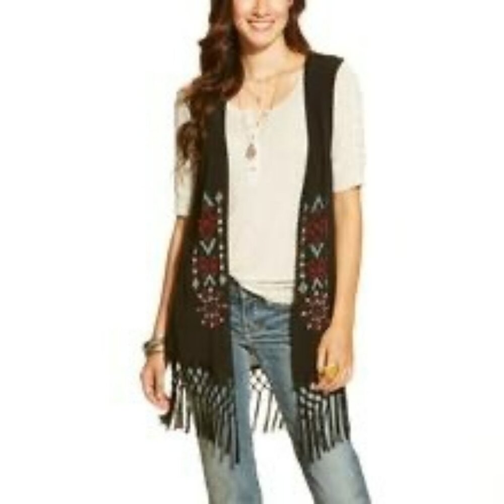NWT Ariat Womens Sleeveless Embroidered Fringe Vest L/G Black Rayon Bohemian Sty